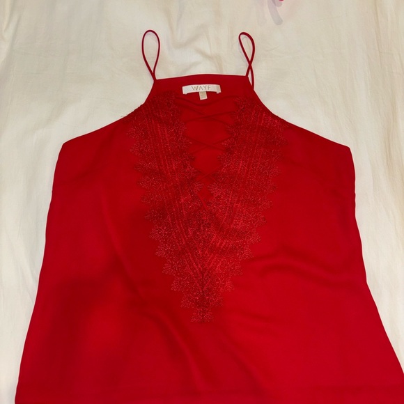 WAYF Red Posie Lace Trim Strappy Cami Tank Top Womens Small Lace Up Deep V-Neck - Picture 6 of 9
